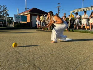 Casual barefoot bowls being played in Camden.