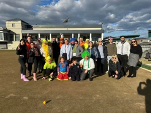 Barefoot bowls corporate booking with a large group of people in Austral, Camden.