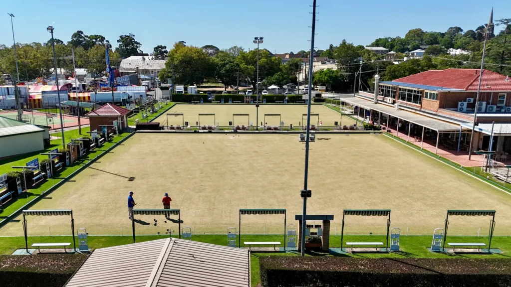Aerial view of lawn bowls green at Camden Sports Club.