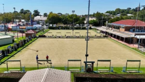 Aerial view of lawn bowls green at Camden Sports Club.