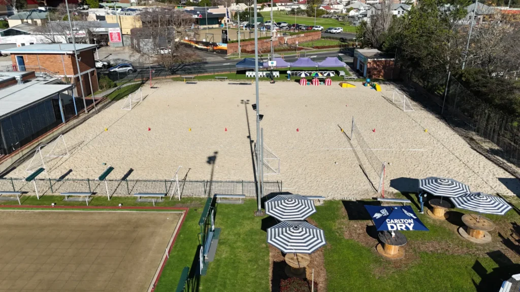 Aerial view of the beach sports area ready for a beach party.